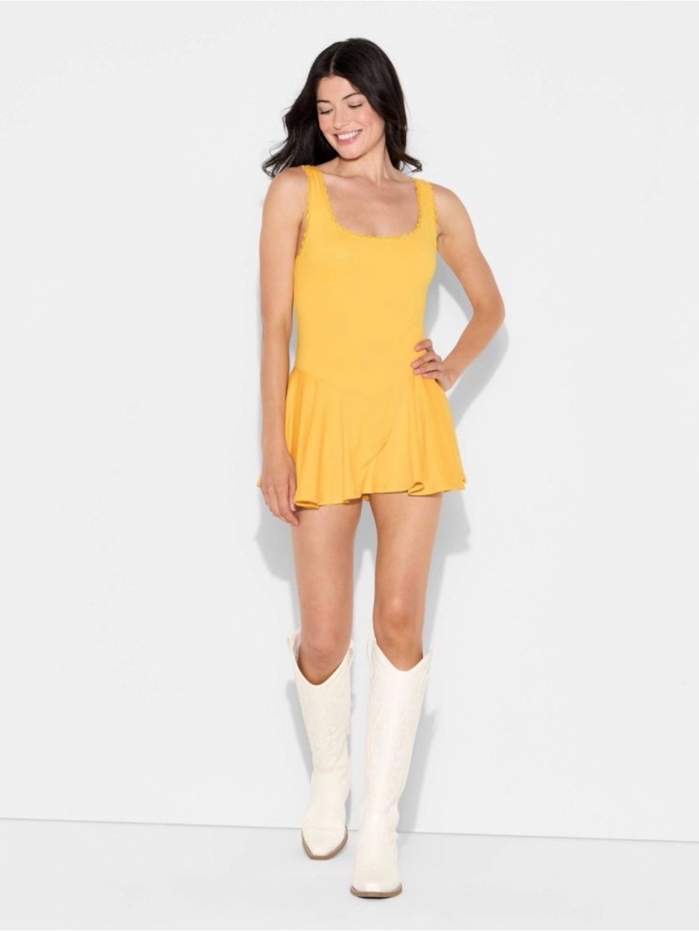 Yellow Game Day Lace Drop Waist Mini Skater Dress Romper -Wild Fable Large NWT